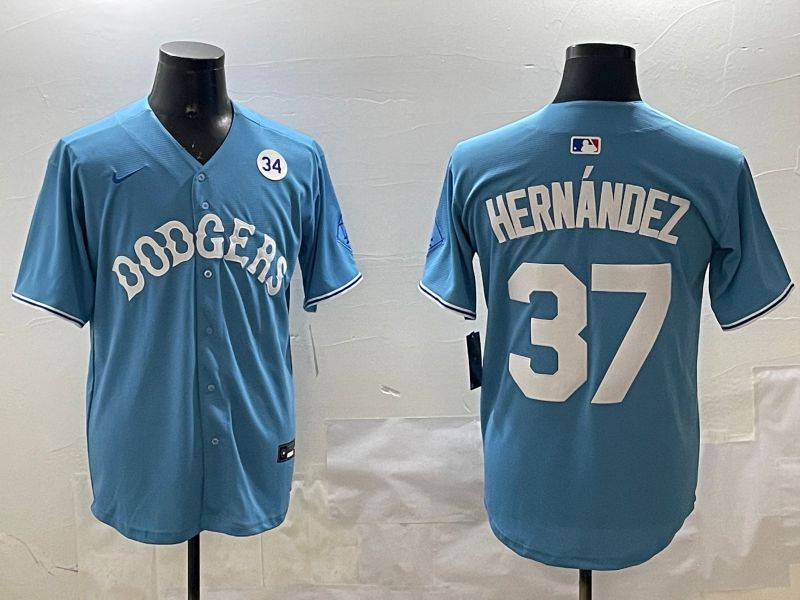 Men Los Angeles Dodgers 37 Hernandez Light Blue Joint Name 2025 Nike MLB Jersey style 19